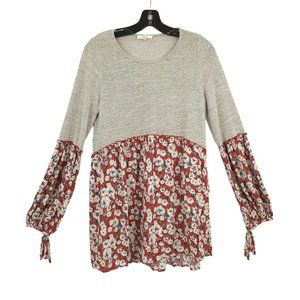 Easel Long Sleeve Knit Floral Tunic Top Womens Size Small Tie Sleeves Gray Red